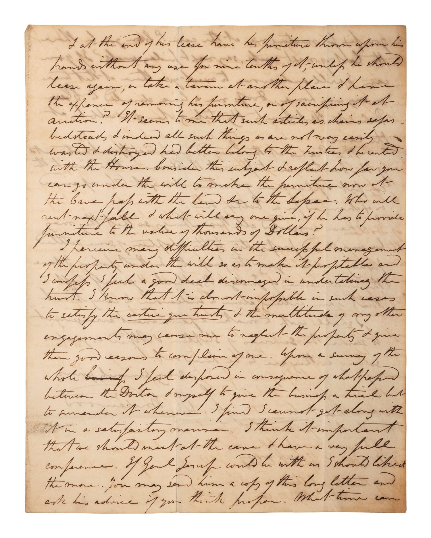 [KENTUCKY - MAMMOTH CAVE]. UNDERWOOD, Joseph Rogers (1791-1876). Autograph letter signed ("J.R. Underwood") to George C. Gwathmey. Tompkinsville, KY, 23 April 1849. 6 pages, 8vo, toned, integral leaf.