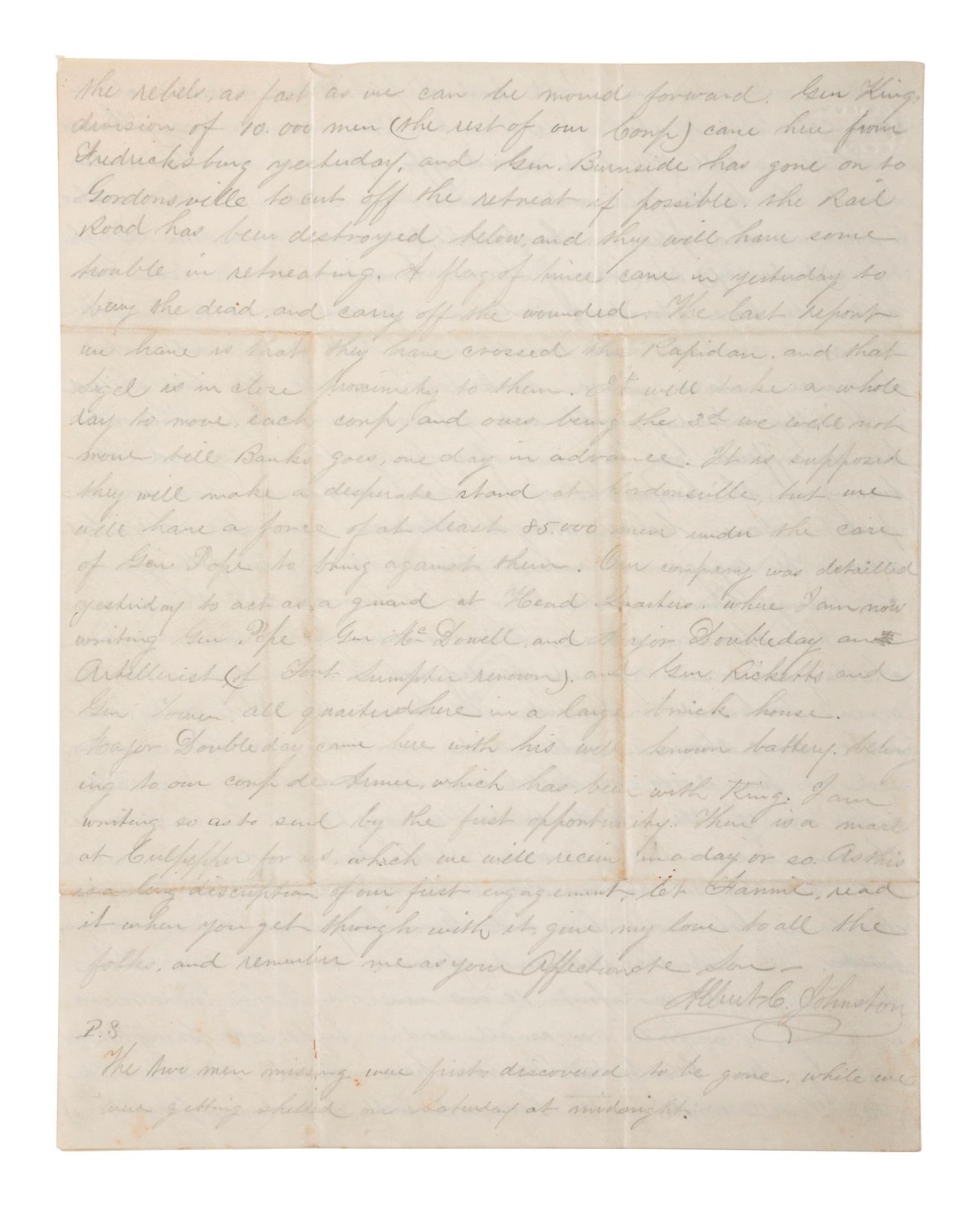 [CIVIL WAR]. Archive related to Albert Campbell Johnston and Nathaniel Dillhorn, 90th Pennsylvania Volunteers, incl. letter detailing the Battle of Cedar Mountain.