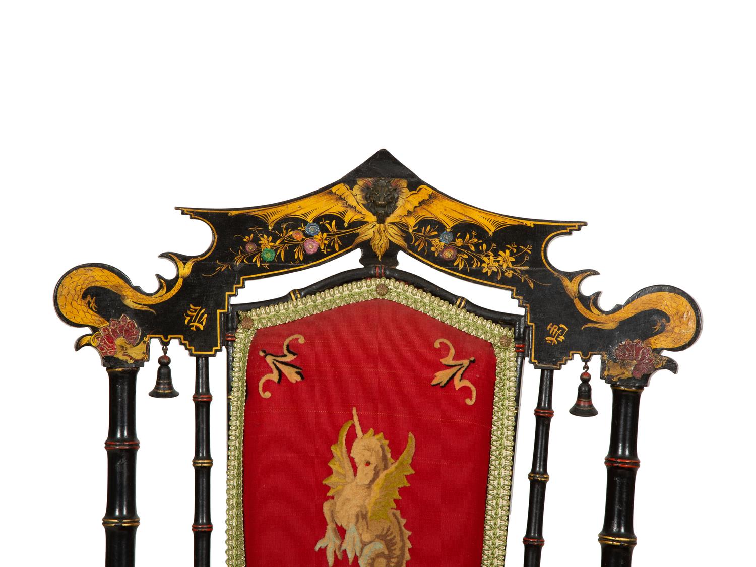 A Set of Four Black and Polychrome Chinoiserie-Decorated Chairs