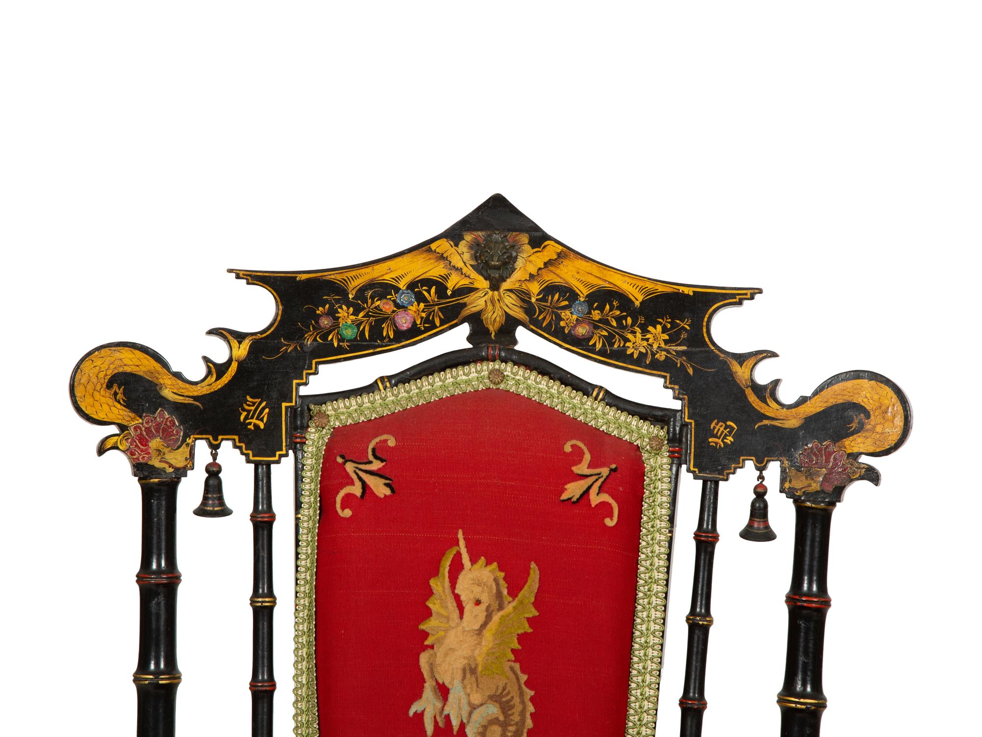 A Set of Four Black and Polychrome Chinoiserie-Decorated Chairs