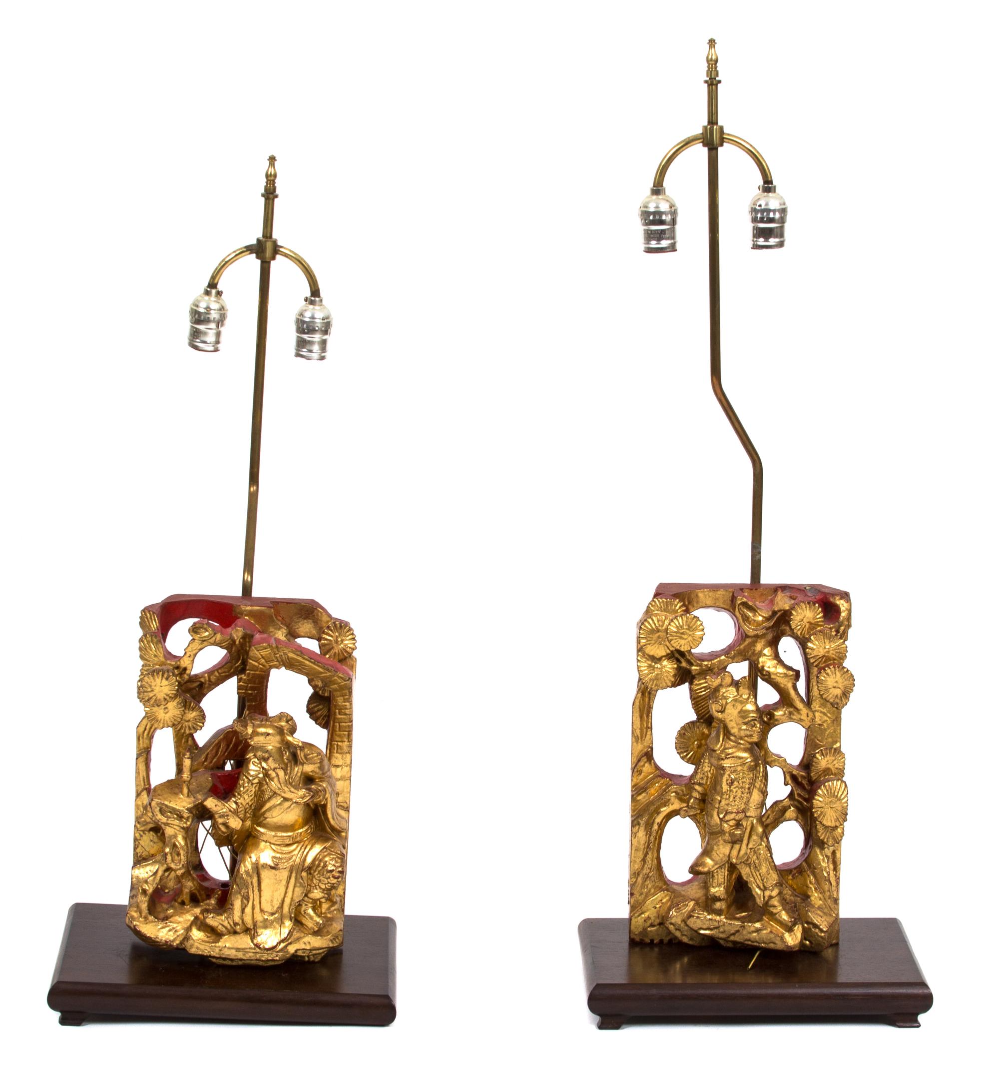 A Pair of Gilt and Lacquered Chinese Temple Carvings Height of carving 13 inches. — 20TH CENTURY