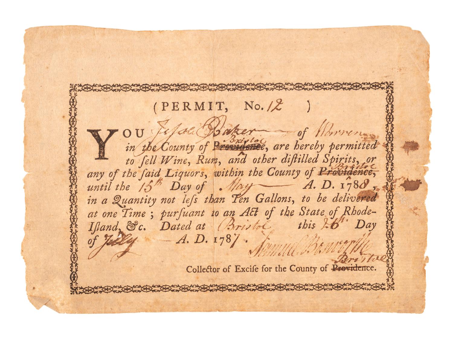 [RHODE ISLAND]. Partly-printed liquor permit. Bristol County, 26 July 1787. [ With :] Clipped signatures of Governor Josias LYNDON and Senator William HUNTER.