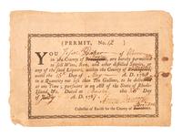 [RHODE ISLAND]. Partly-printed liquor permit. Bristol County, 26 July 1787. [ With :] Clipped signatures of Governor Josias LYNDON and Senator William HUNTER.