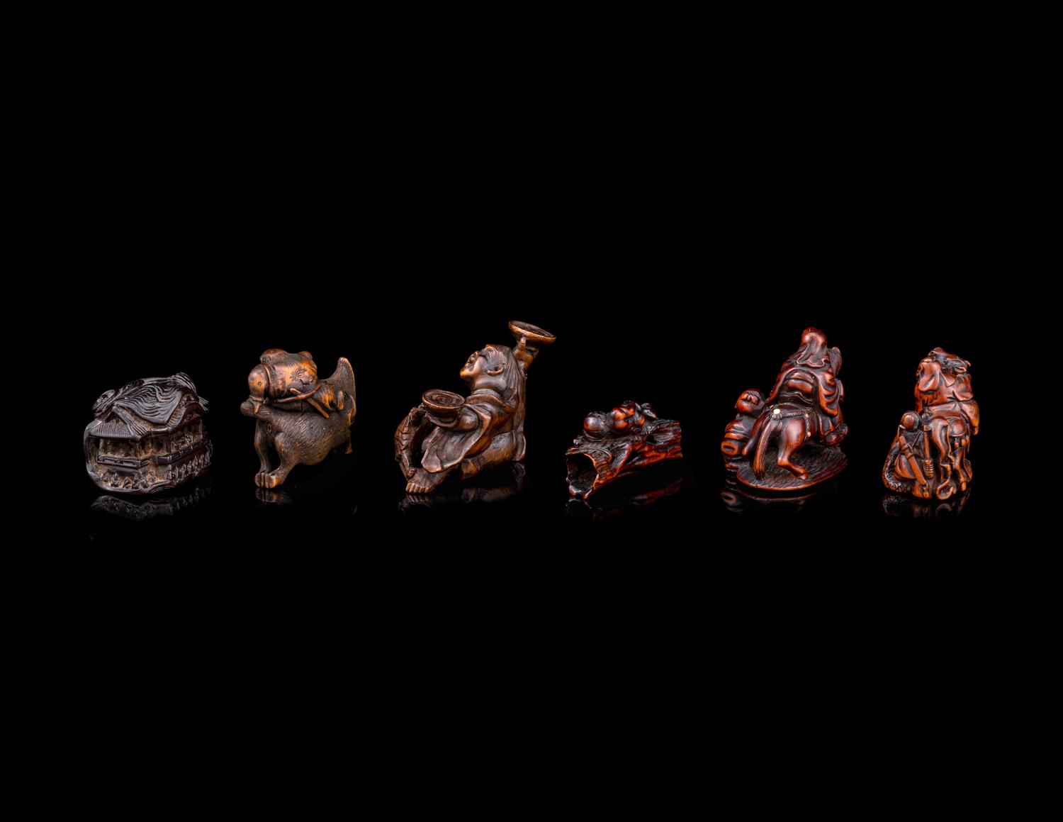Six Japanese Carved Wood 'Figural Group' Netsuke