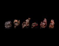 Six Japanese Carved Wood 'Figural Group' Netsuke