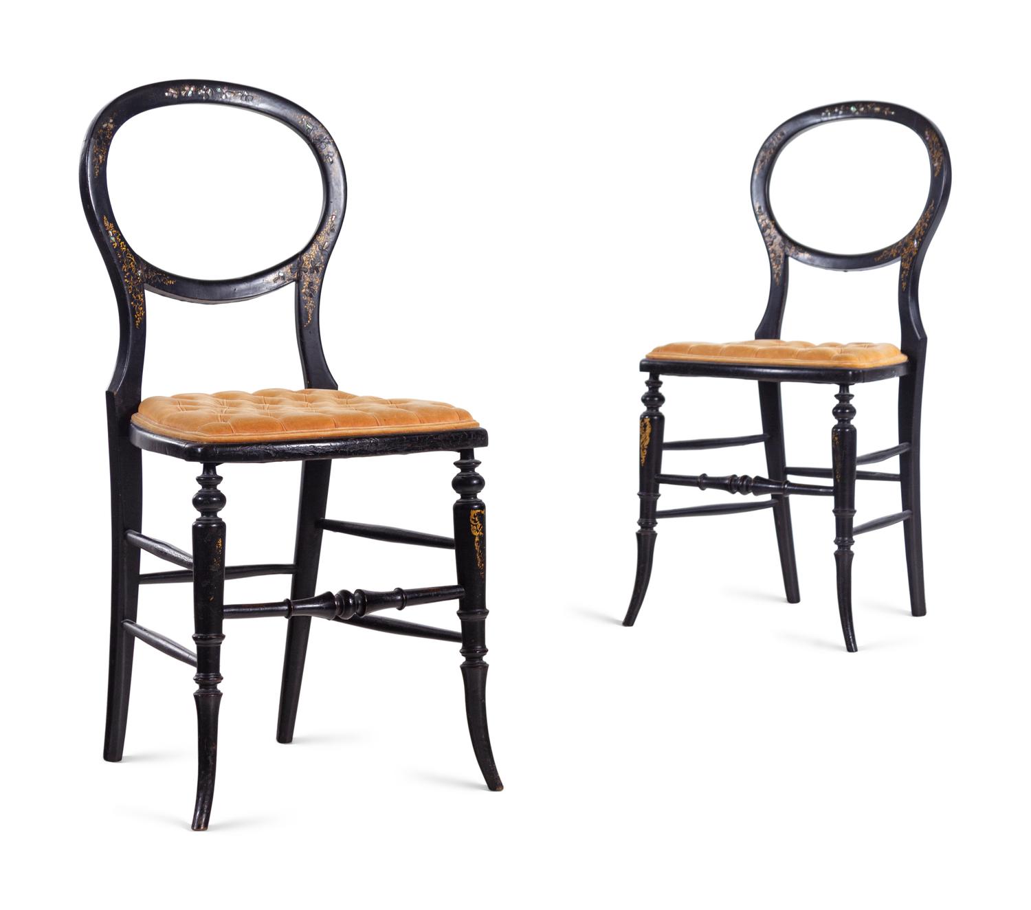A Pair of French Ebonized, Paint Decorated and Mother-of-Pearl Inlaid Side Chairs