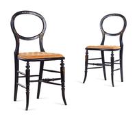 A Pair of French Ebonized, Paint Decorated and Mother-of-Pearl Inlaid Side Chairs