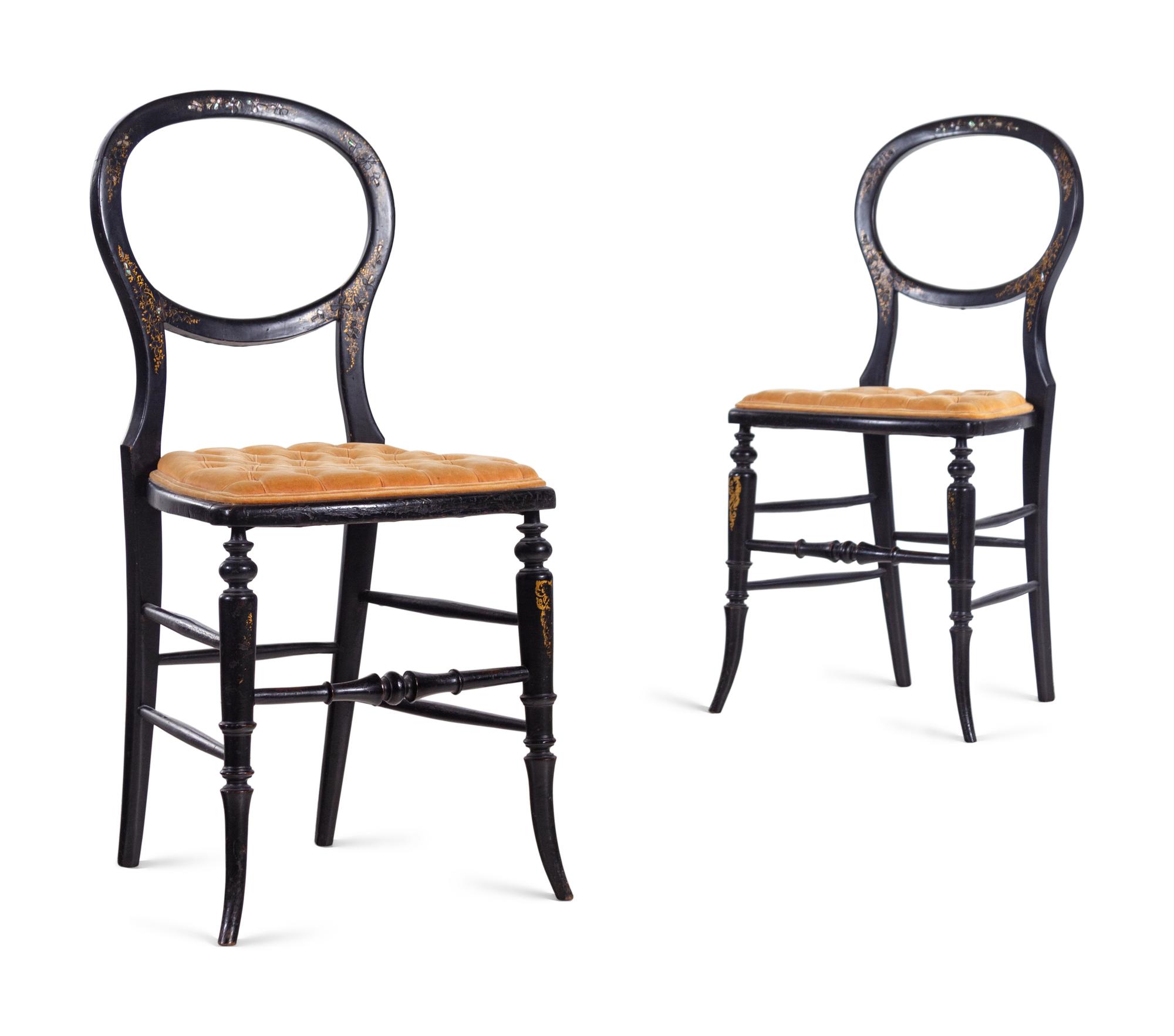 A Pair of French Ebonized, Paint Decorated and Mother-of-Pearl Inlaid Side Chairs