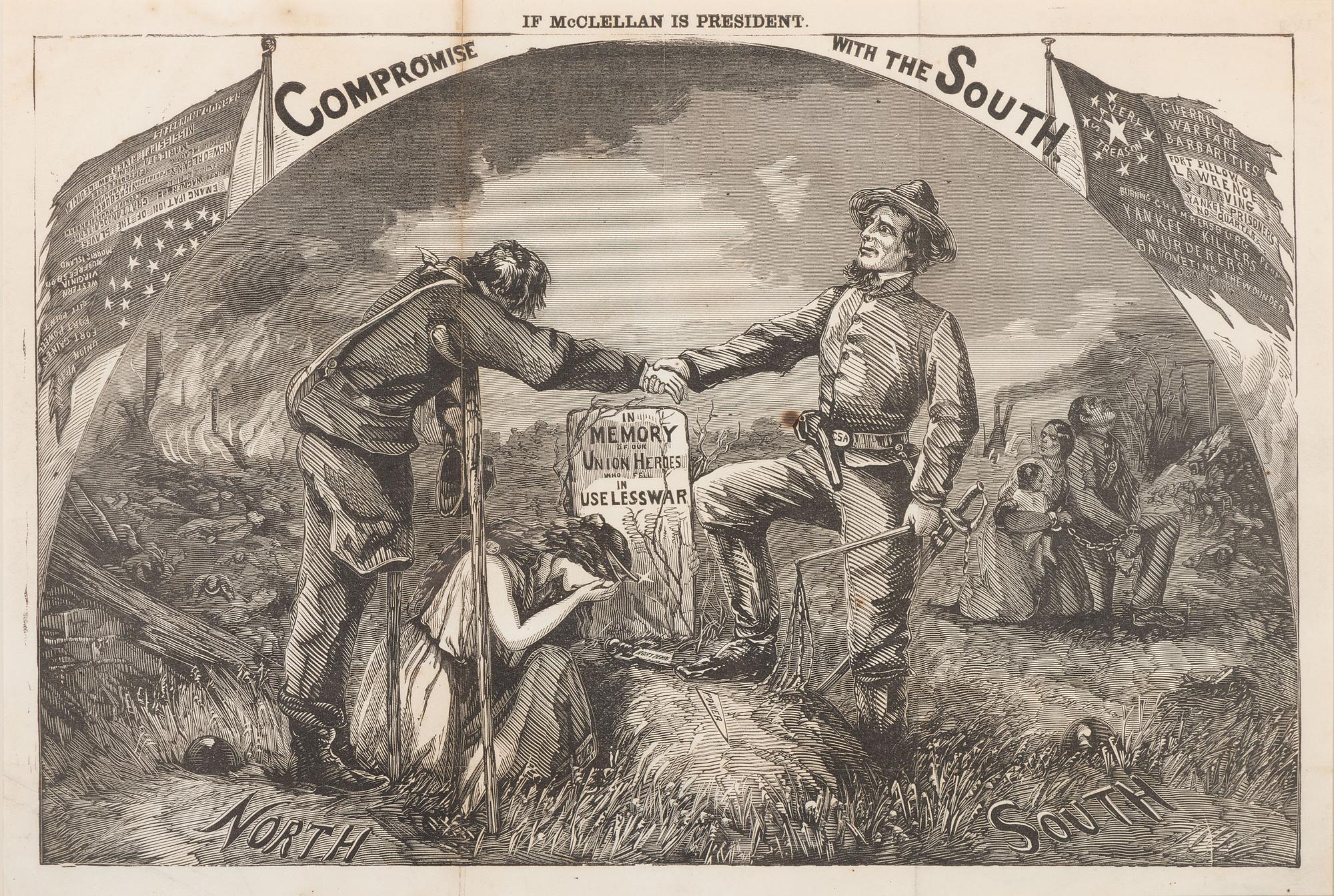 [ENSLAVEMENT & ABOLITION - CIVIL WAR]. [NAST, Thomas (1840-1902), artist]. Compromise With the South if McClellan is President . N.p., ca 1864.