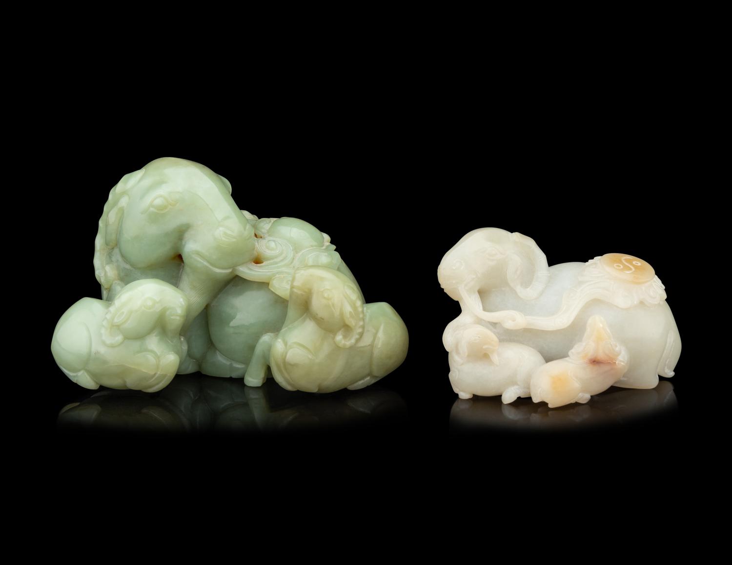 Two Chinese Jade 'Three Rams' Figural Groups