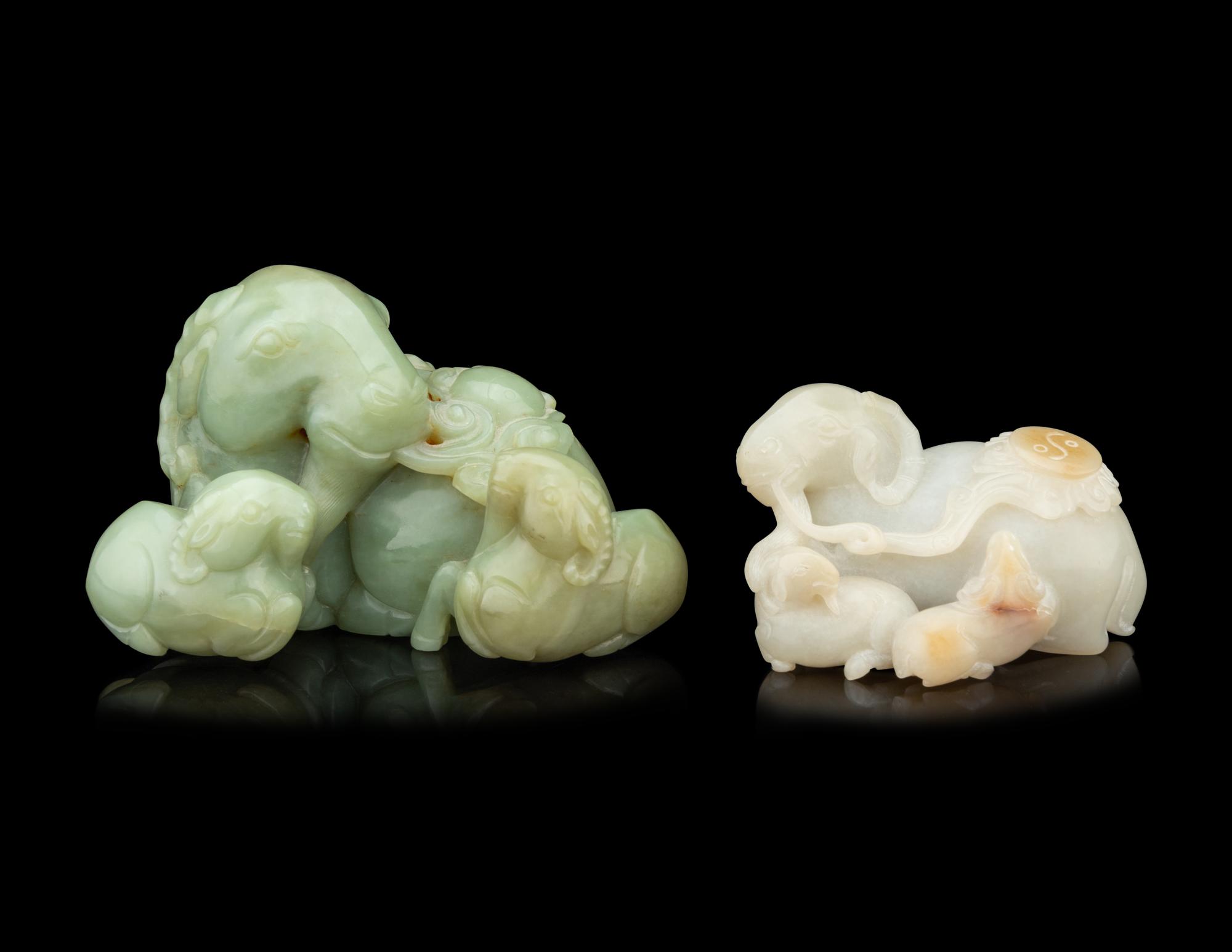 Two Chinese Jade 'Three Rams' Figural Groups