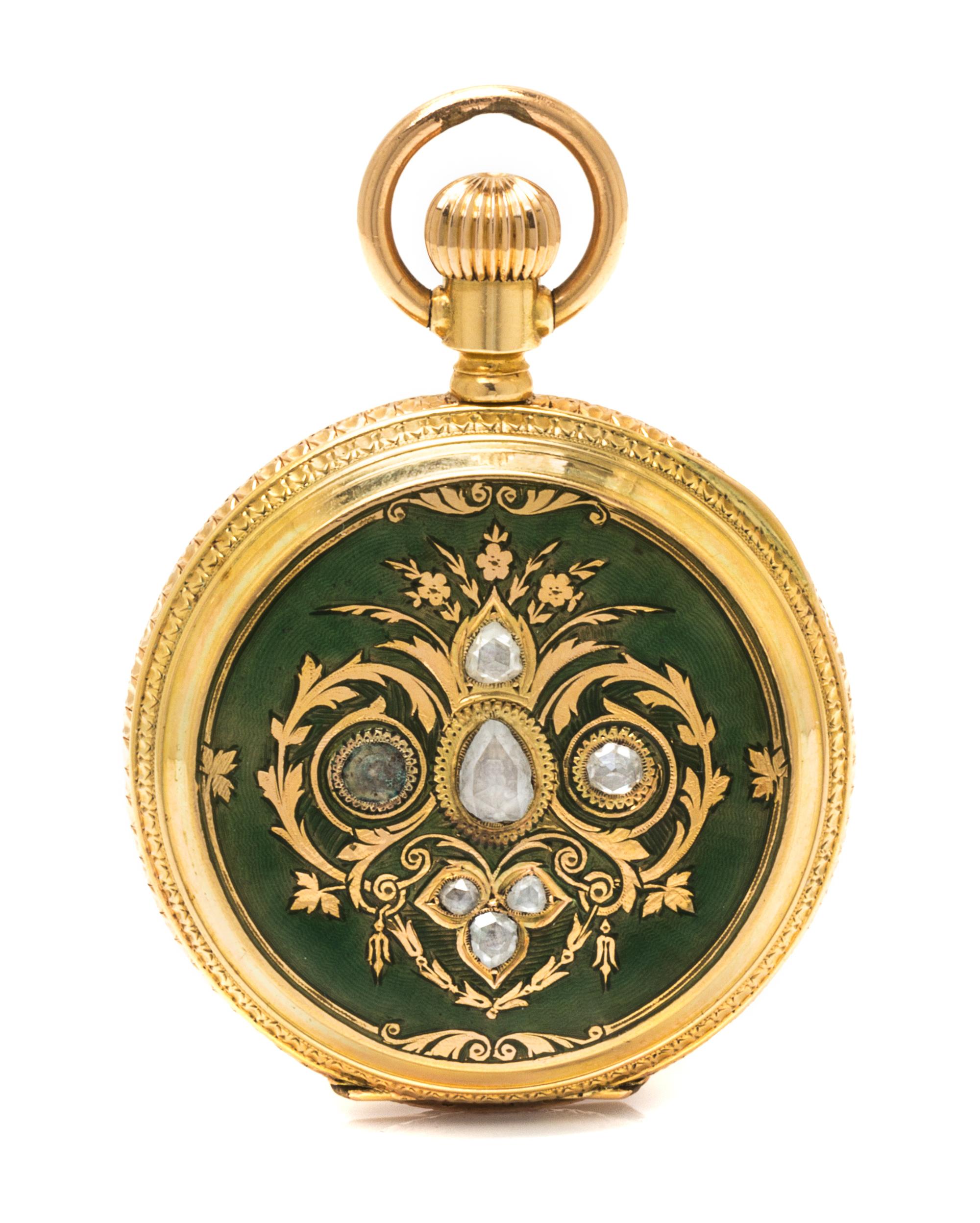 An 18 Karat Yellow Gold, Polychrome Enamel and Diamond Hunter Case Pocket Watch for the Ottoman Market, Bautte Geneve,