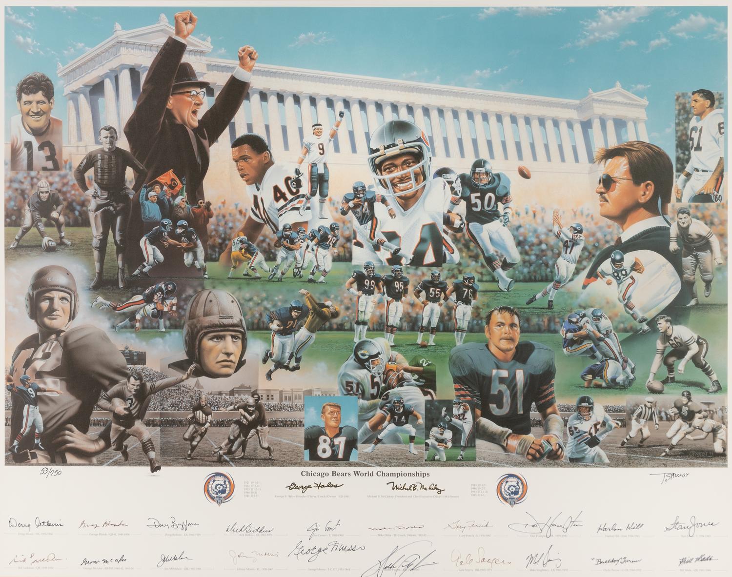 A Chicago Bears 75th Anniversary Multi Signed Autograph Print Including Walter Payton, Dick Butkus, Gale Sayers and Mike Ditka