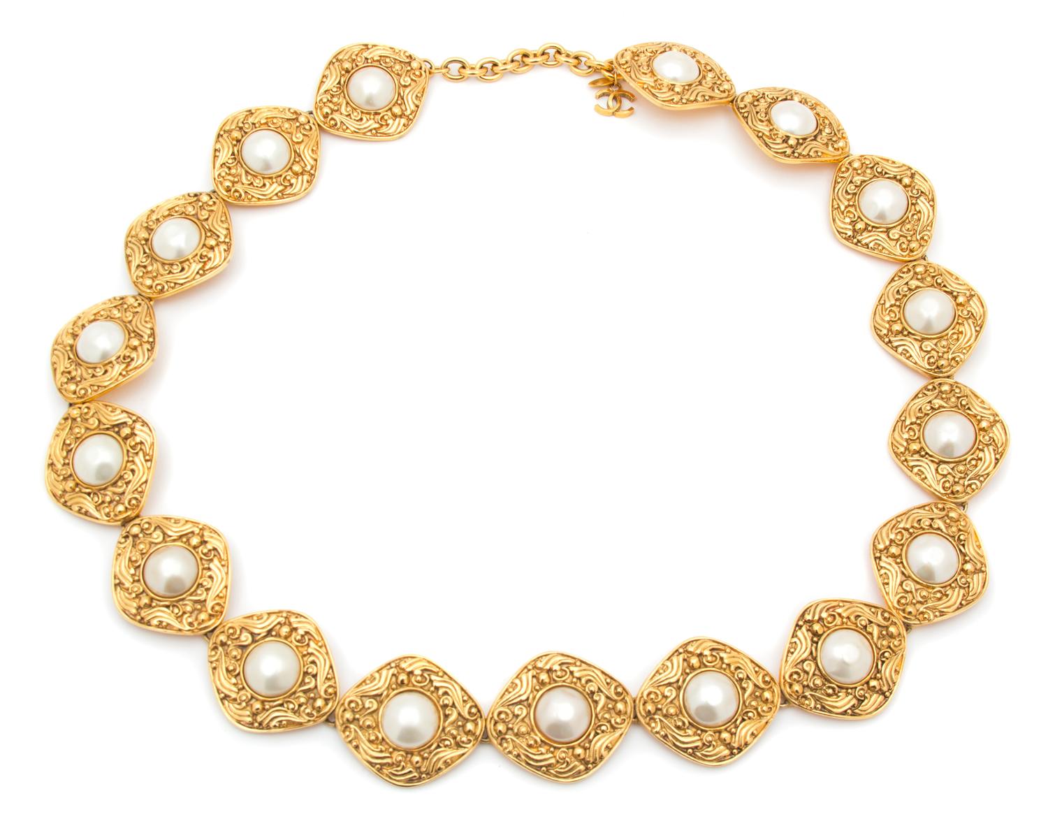 A Chanel Goldtone and Faux Pearl Belt, 34" x 1.75".