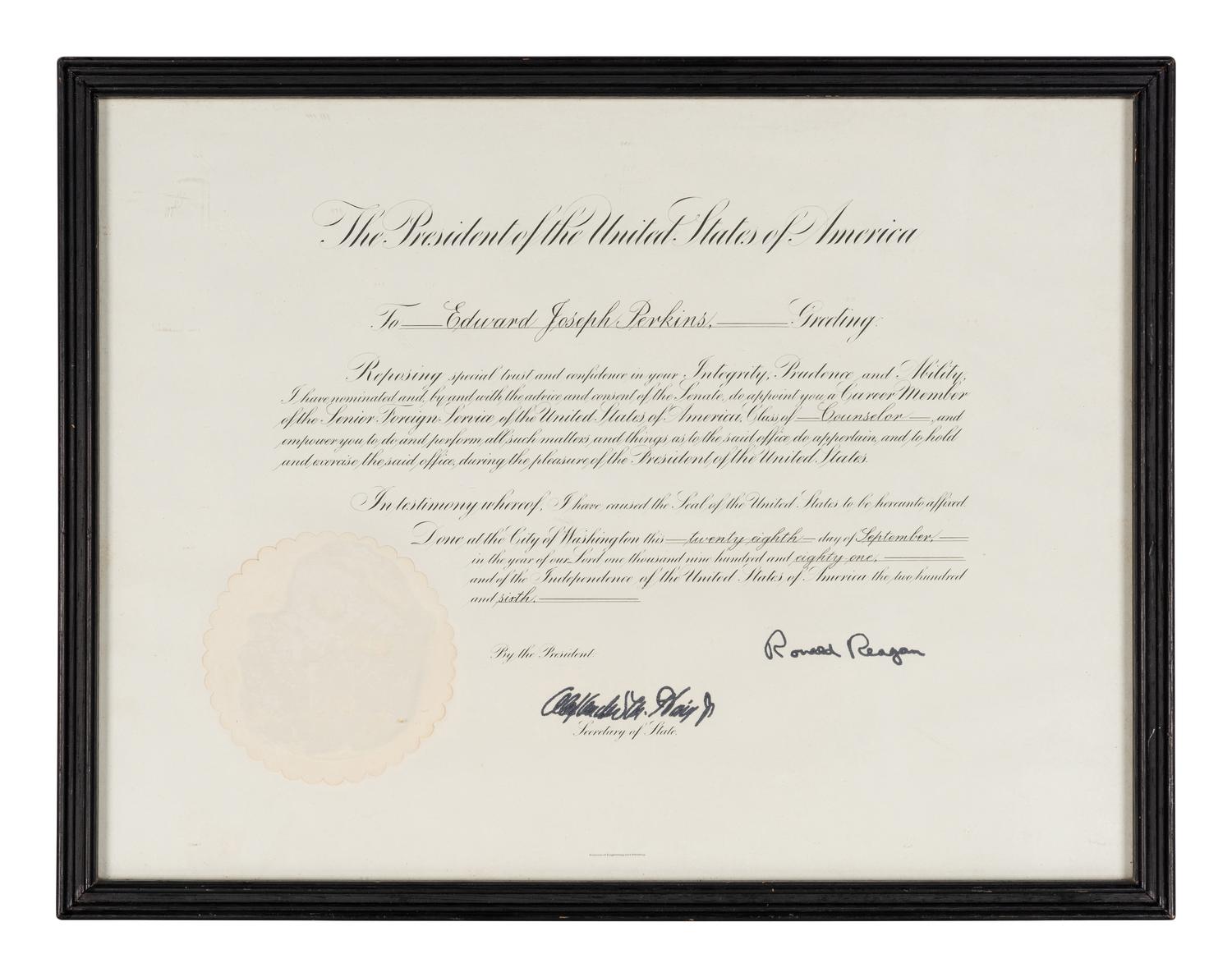 [PERKINS, Edward Joseph (1928-2020)]. A group of 9 documents or photographs by Presidents Nixon, Reagan, or Bush to Perkins, presumably with secretarial or facsimile signatures, including:
