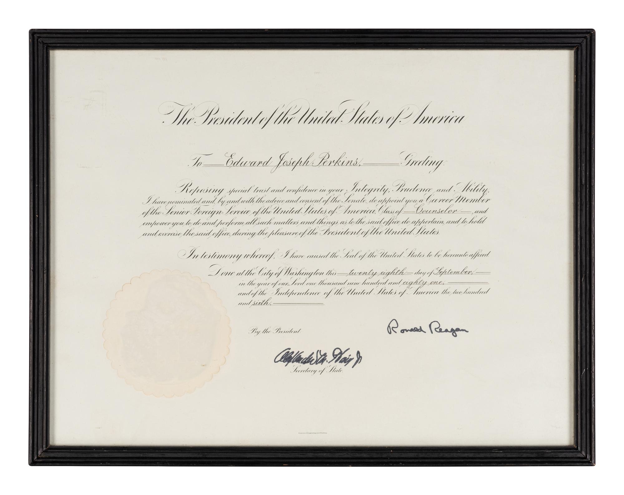 [PERKINS, Edward Joseph (1928-2020)]. A group of 9 documents or photographs by Presidents Nixon, Reagan, or Bush to Perkins, presumably with secretarial or facsimile signatures, including: