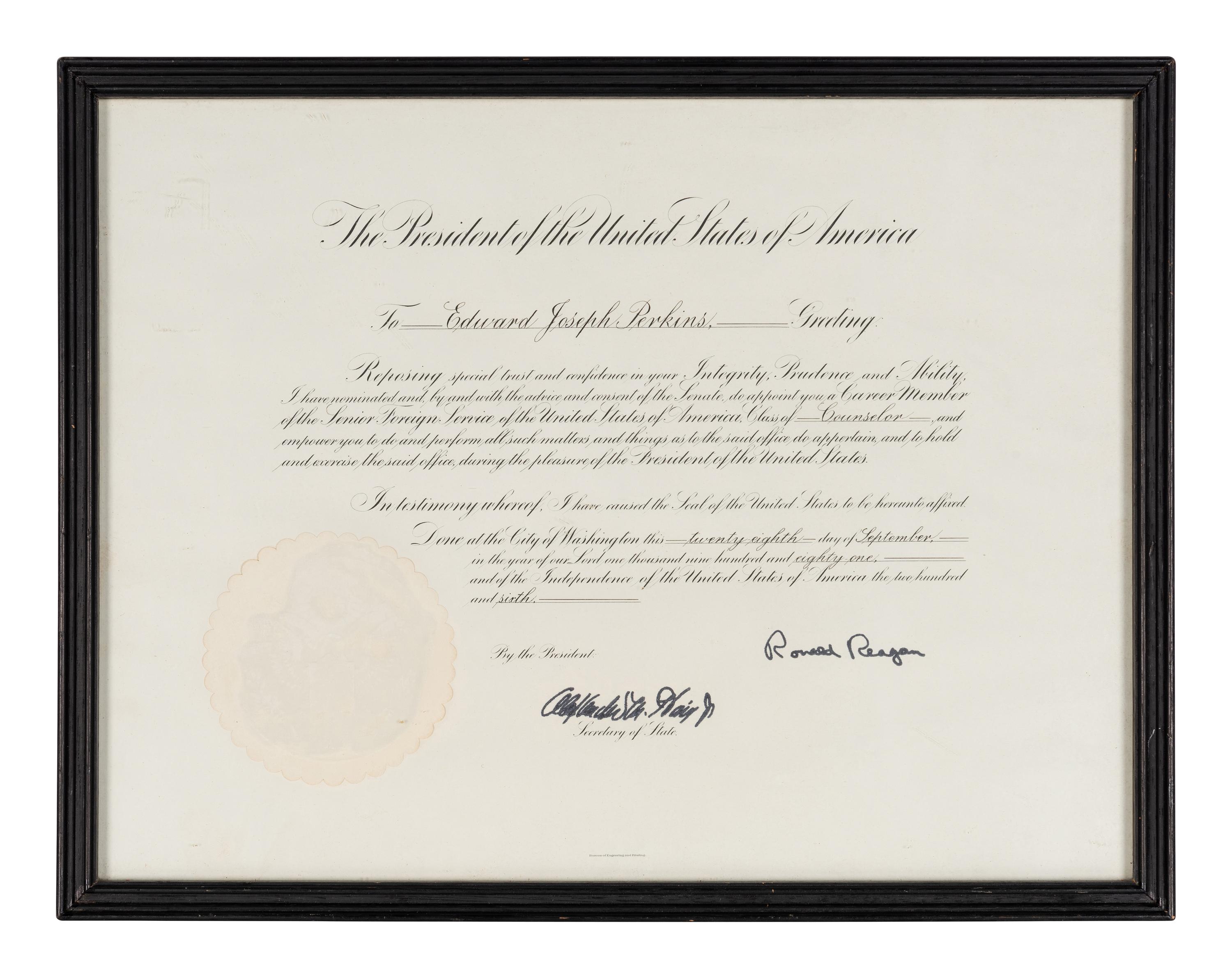 [PERKINS, Edward Joseph (1928-2020)]. A group of 9 documents or photographs by Presidents Nixon, Reagan, or Bush to Perkins, presumably with secretarial or facsimile signatures, including: