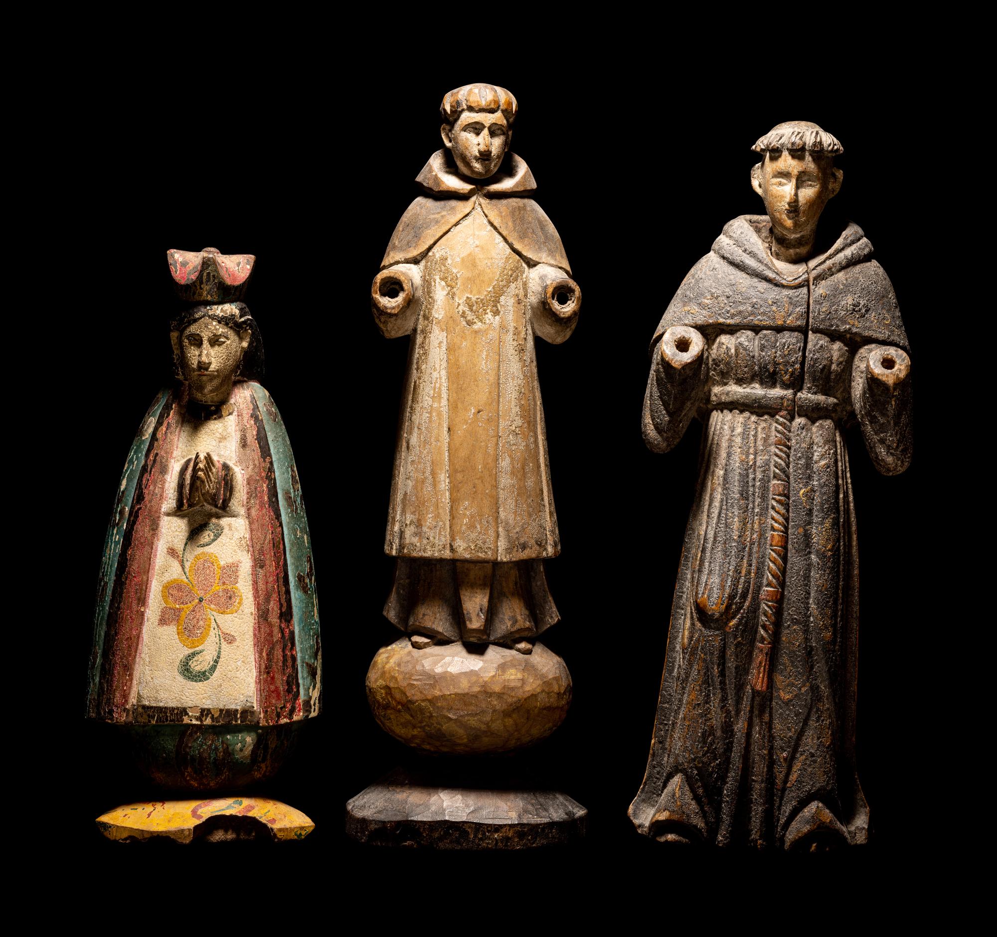 Three Spanish Colonial Carved Wood Santos Figures