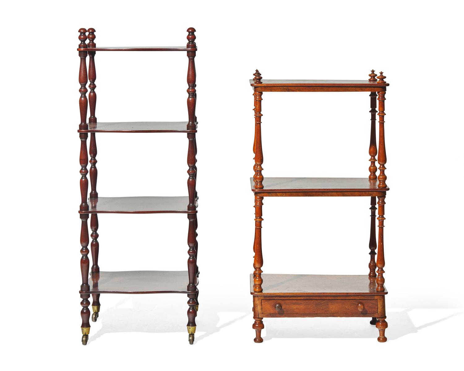 Two Victorian mahogany and burl walnut étagères, late 19th century