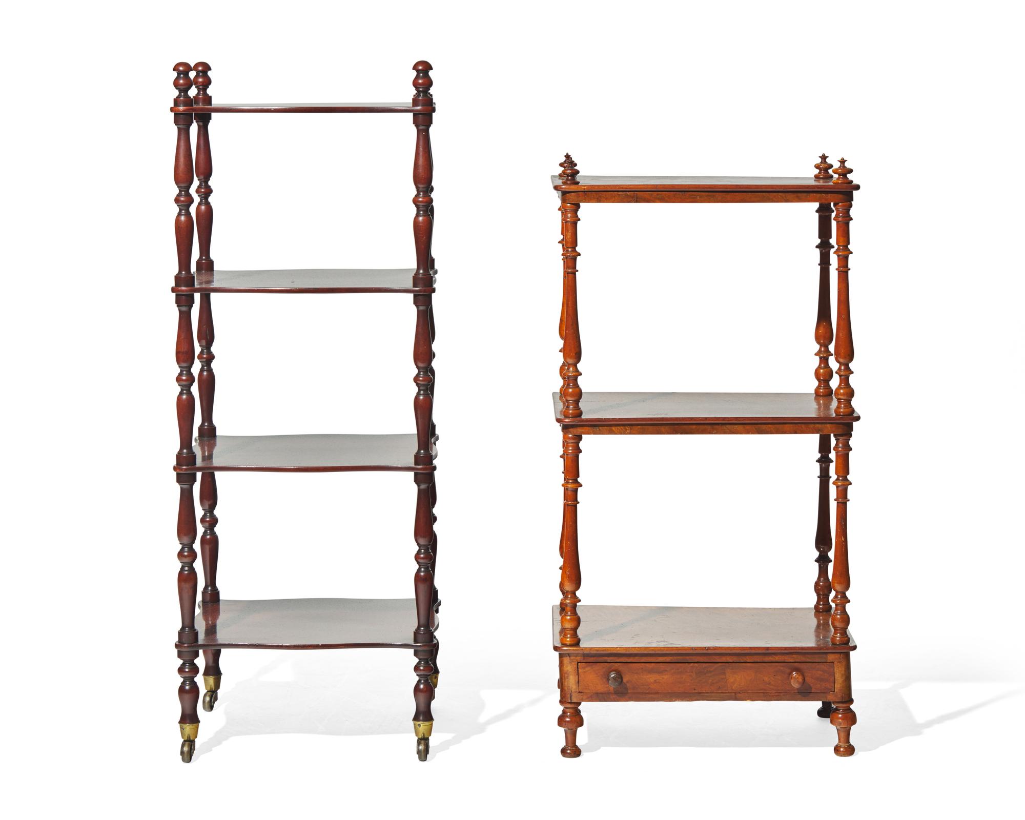 Two Victorian mahogany and burl walnut étagères, late 19th century