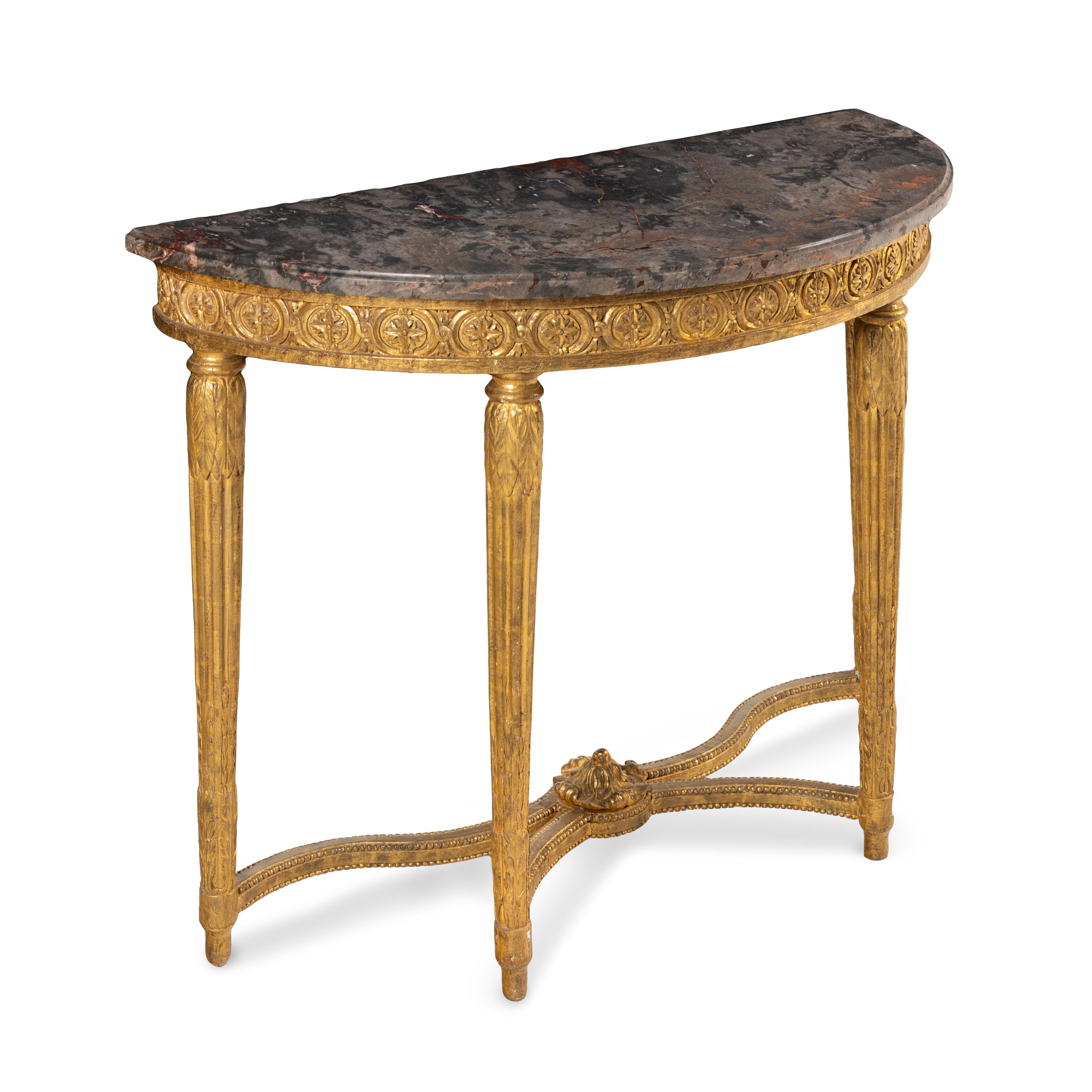 A Pair of Louis XVI Carved Giltwood and Marble-Top Console Tables