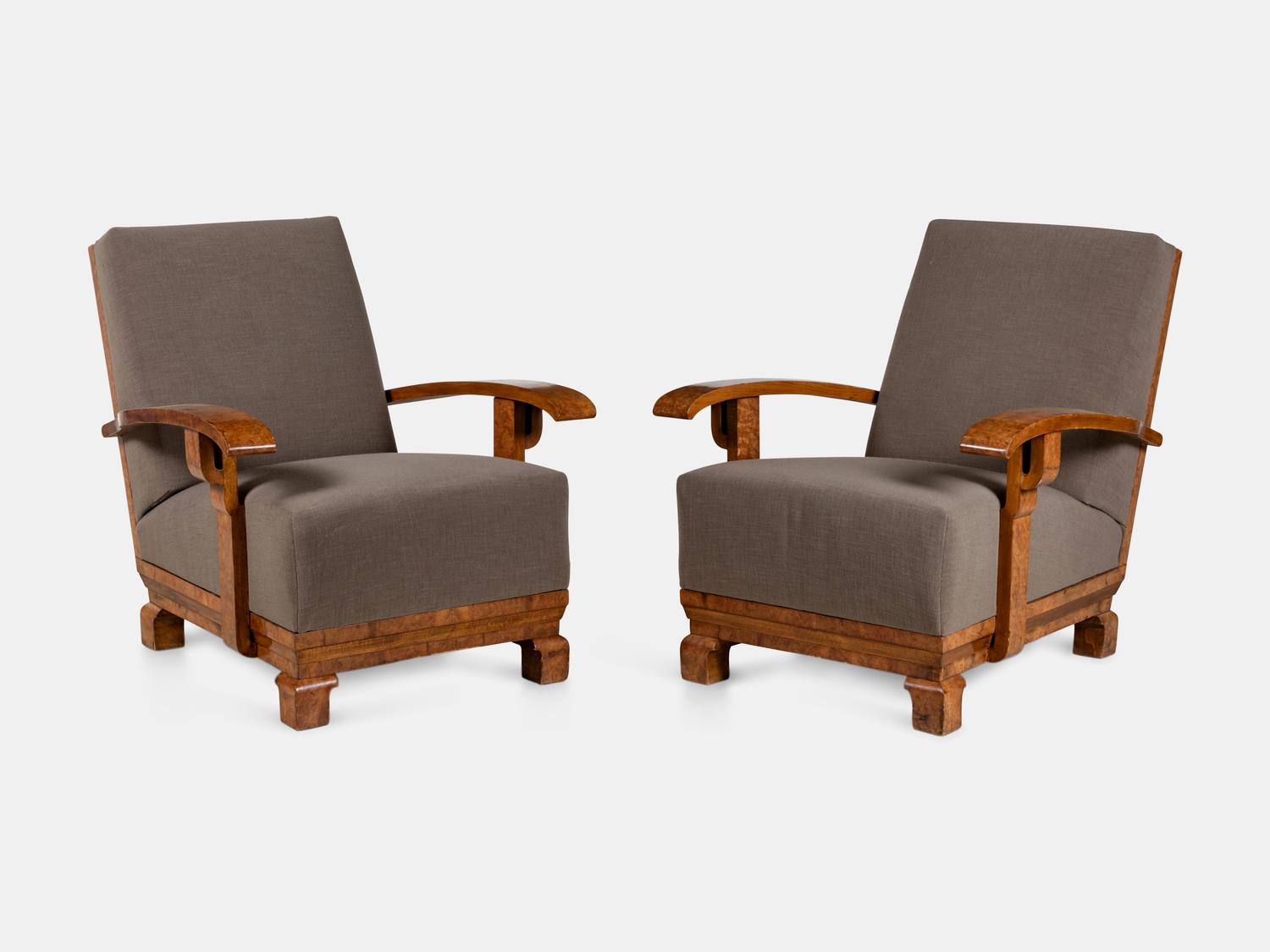 Pair of Art Deco High-Back Burl Walnut Lounge Chairs