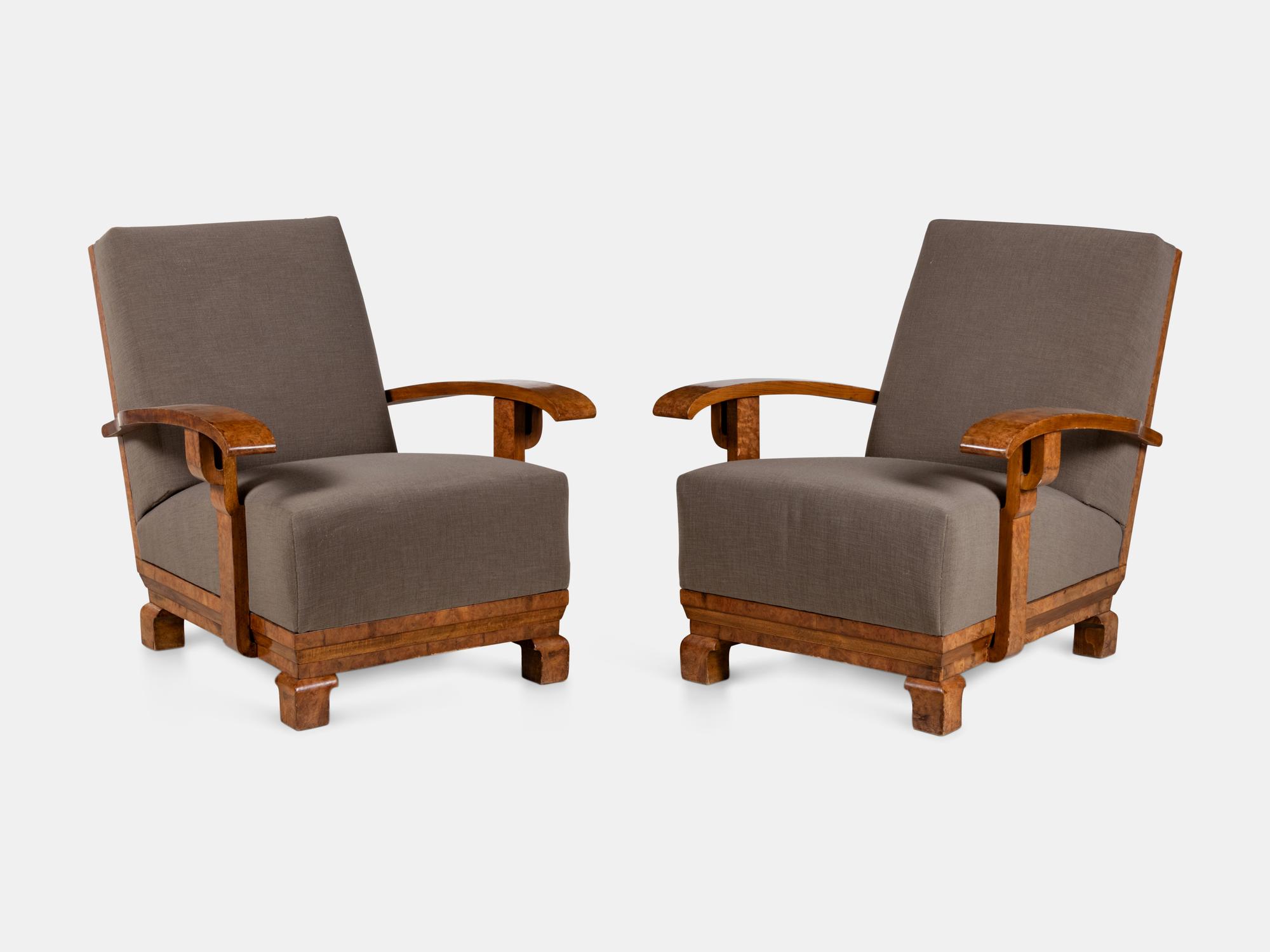 Pair of Art Deco High-Back Burl Walnut Lounge Chairs
