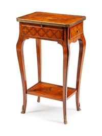 A Louis XV Style Gilt Metal Mounted Marquetry and Parquetry Table