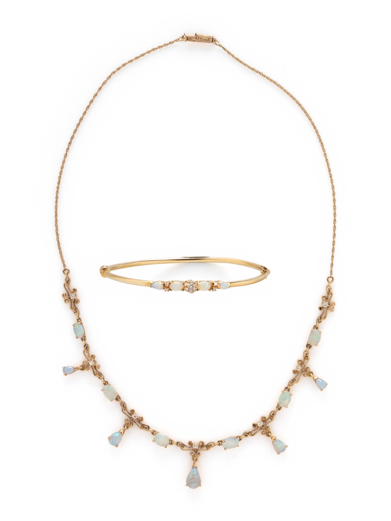 OPAL, DIAMOND, AND YELLOW GOLD NECKLACE AND BANGLE BRACELET