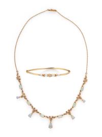 OPAL, DIAMOND, AND YELLOW GOLD NECKLACE AND BANGLE BRACELET