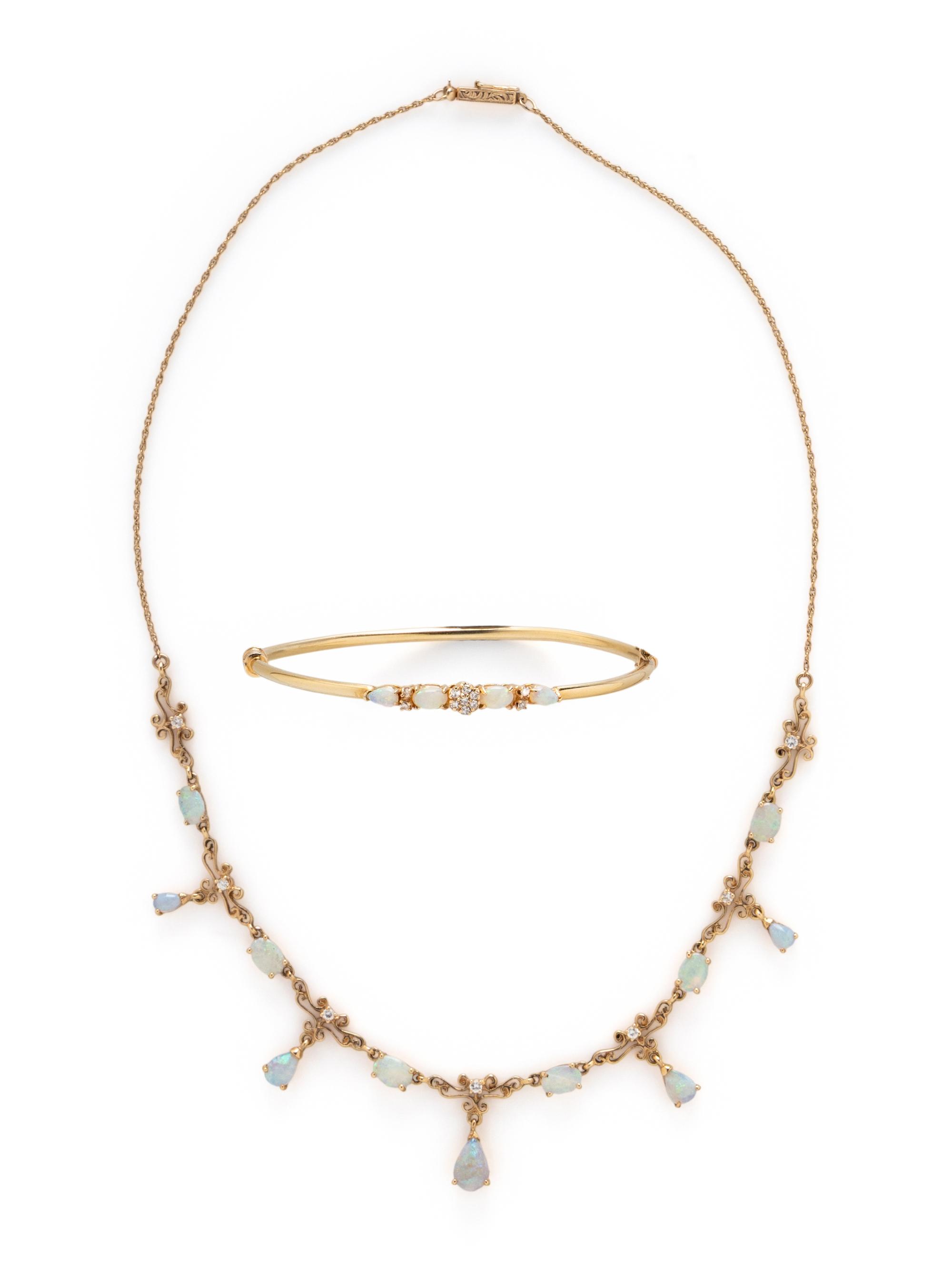 OPAL, DIAMOND, AND YELLOW GOLD NECKLACE AND BANGLE BRACELET