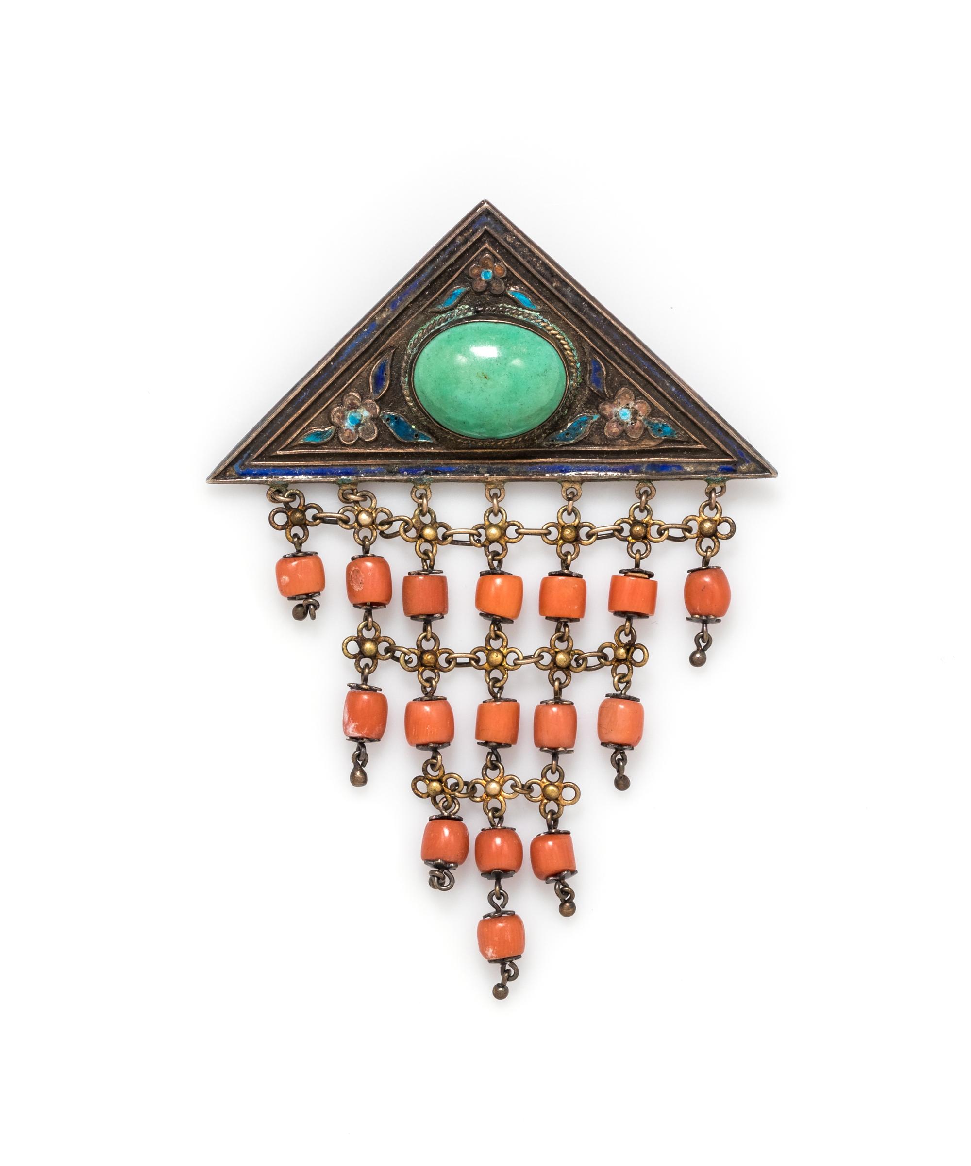 A Silver, Turquoise, Enamel and Coral Brooch, 9.95 dwts.