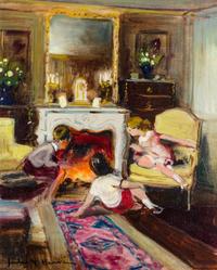 Jules Rene Herve, (French, 1887-1981), Children by the Fireplace
