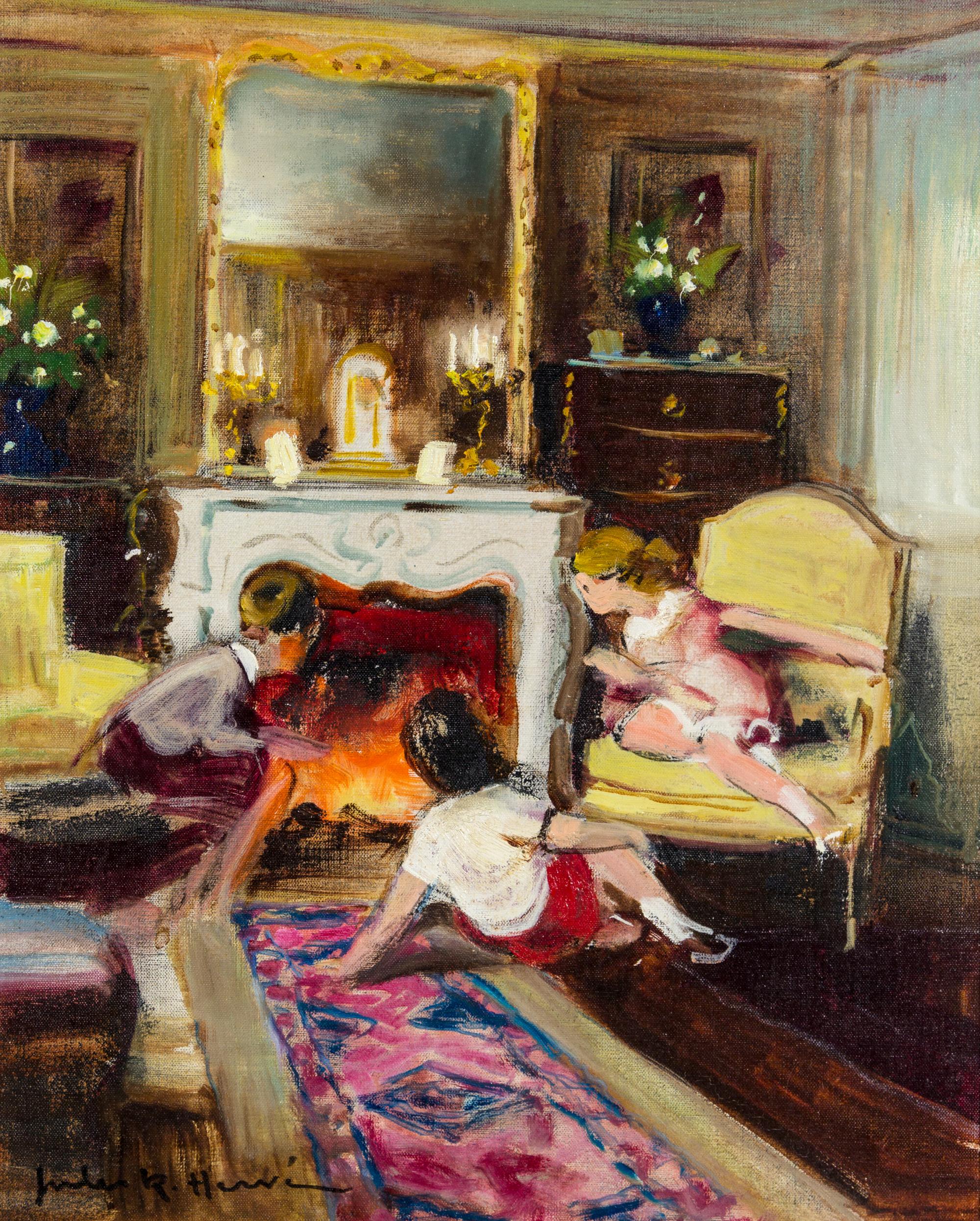 Jules Rene Herve, (French, 1887-1981), Children by the Fireplace