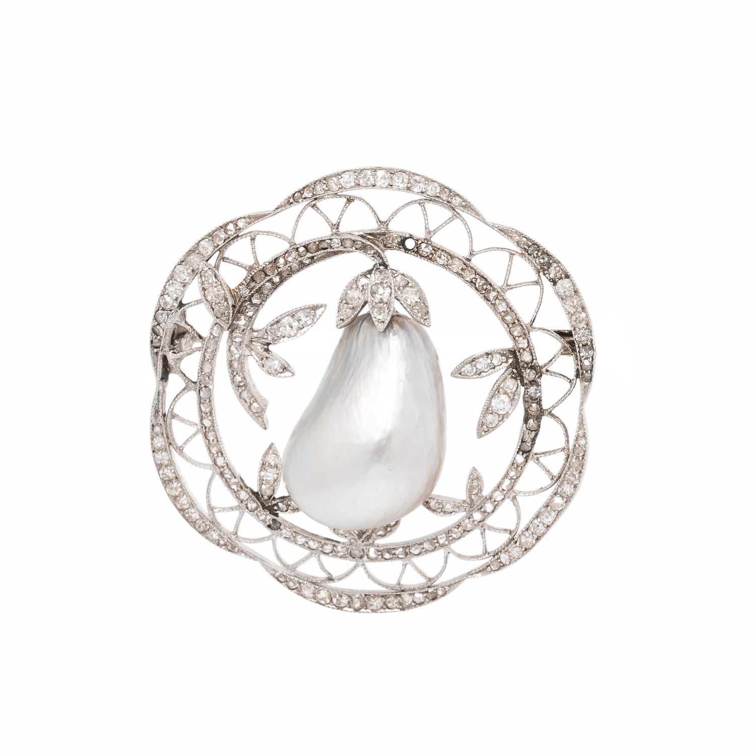 Antique, Natural Silver Pearl, Diamond, and Platinum Brooch