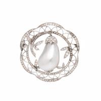 Antique, Natural Silver Pearl, Diamond, and Platinum Brooch
