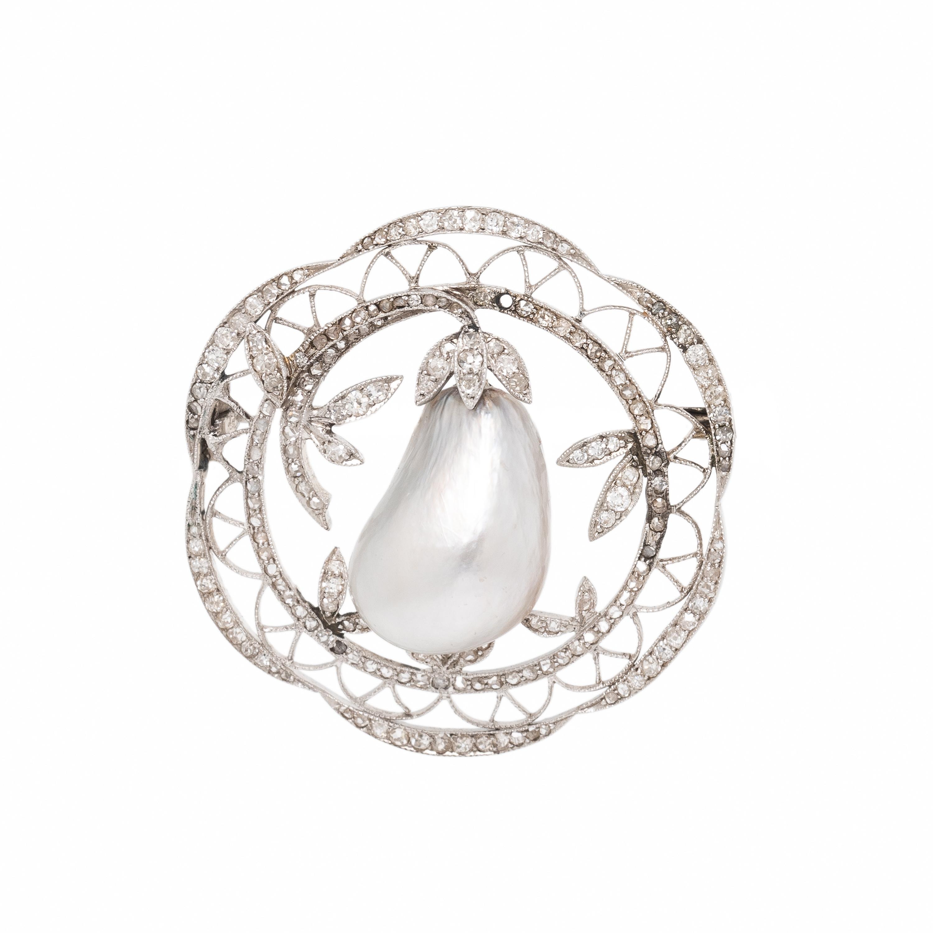 Antique, Natural Silver Pearl, Diamond, and Platinum Brooch