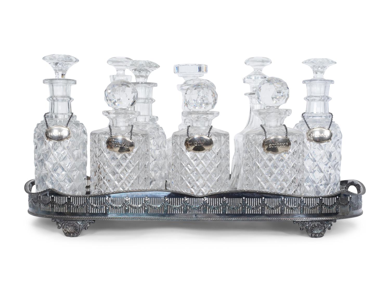 A Large Sheffield Silver-Plate Galleried Tray and Eleven Cut Glass Decanters
