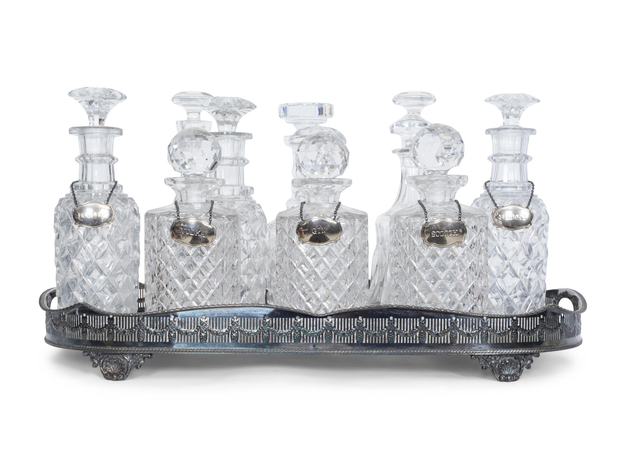 A Large Sheffield Silver-Plate Galleried Tray and Eleven Cut Glass Decanters