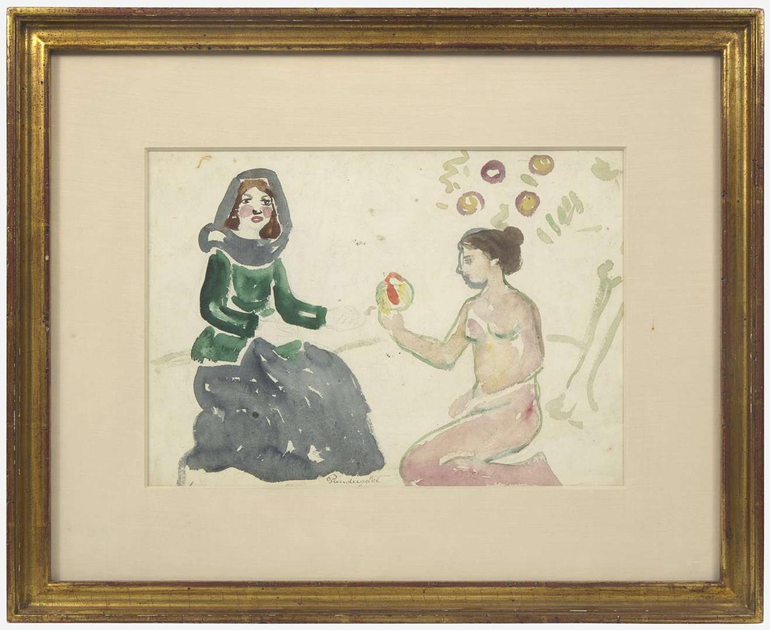 Maurice Prendergast (American, 1858-1924) - Two Girls with Fruit; With Long Wharf verso (A Double-Sided Work)