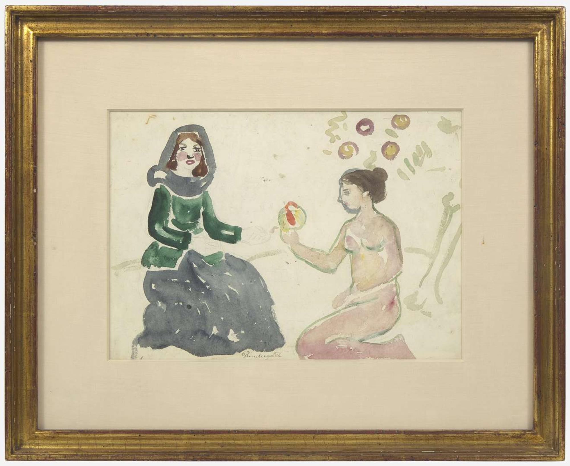 Maurice Prendergast (American, 1858-1924) - Two Girls with Fruit; With Long Wharf verso (A Double-Sided Work)