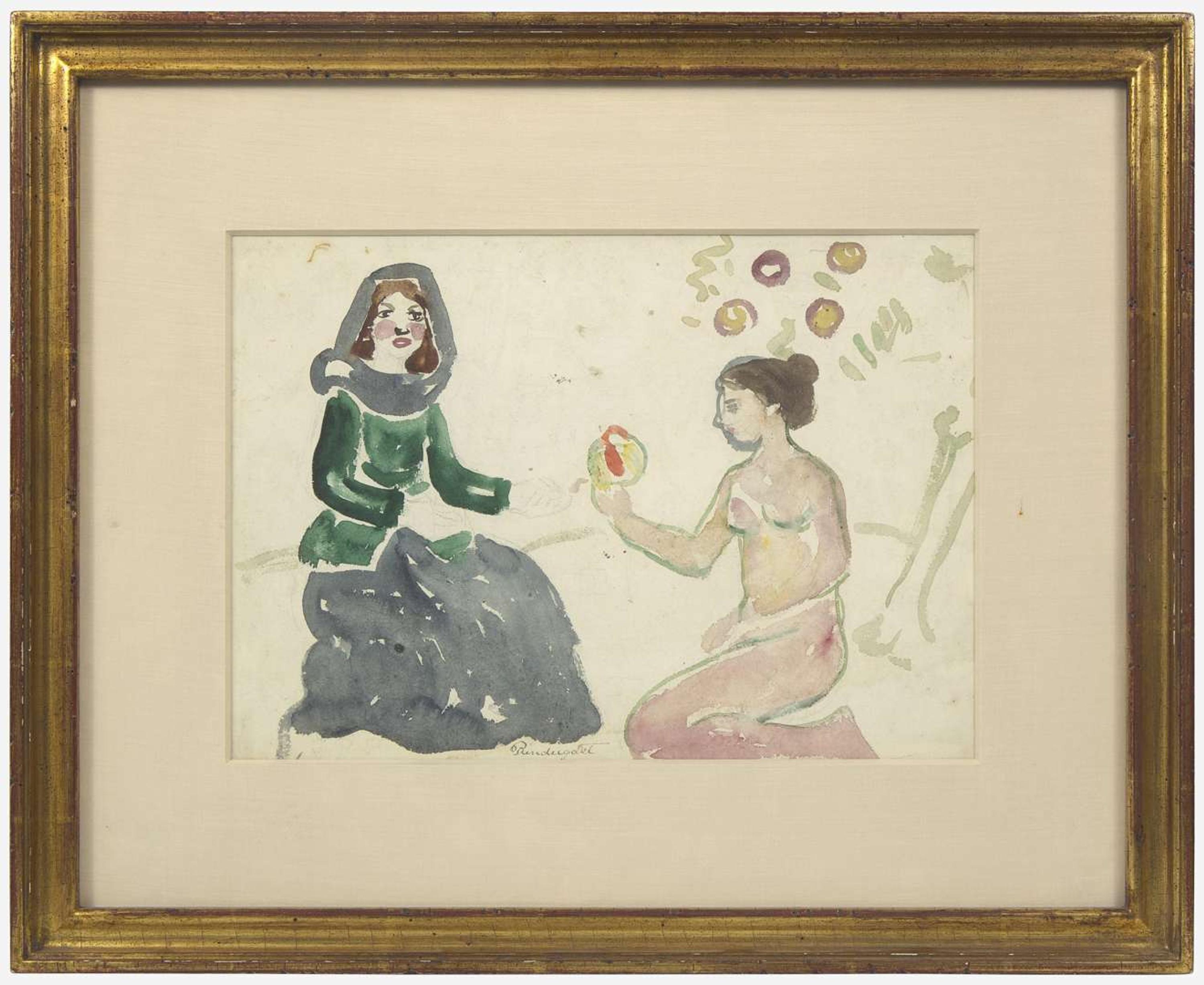Maurice Prendergast (American, 1858-1924) - Two Girls with Fruit; With Long Wharf verso (A Double-Sided Work)