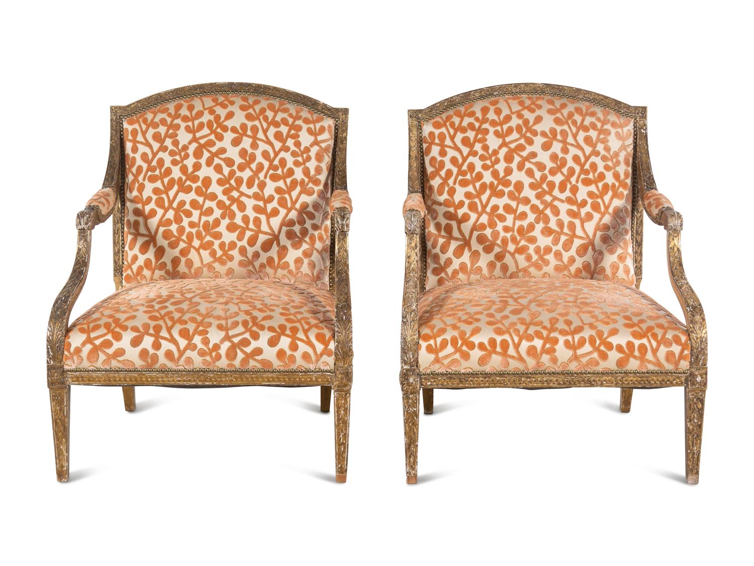 A Pair of Louis XVI Style Carved Giltwood Fauteuils