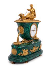 An Empire Gilt Bronze Mounted and Malachite Veneered Figural Mantel Clock