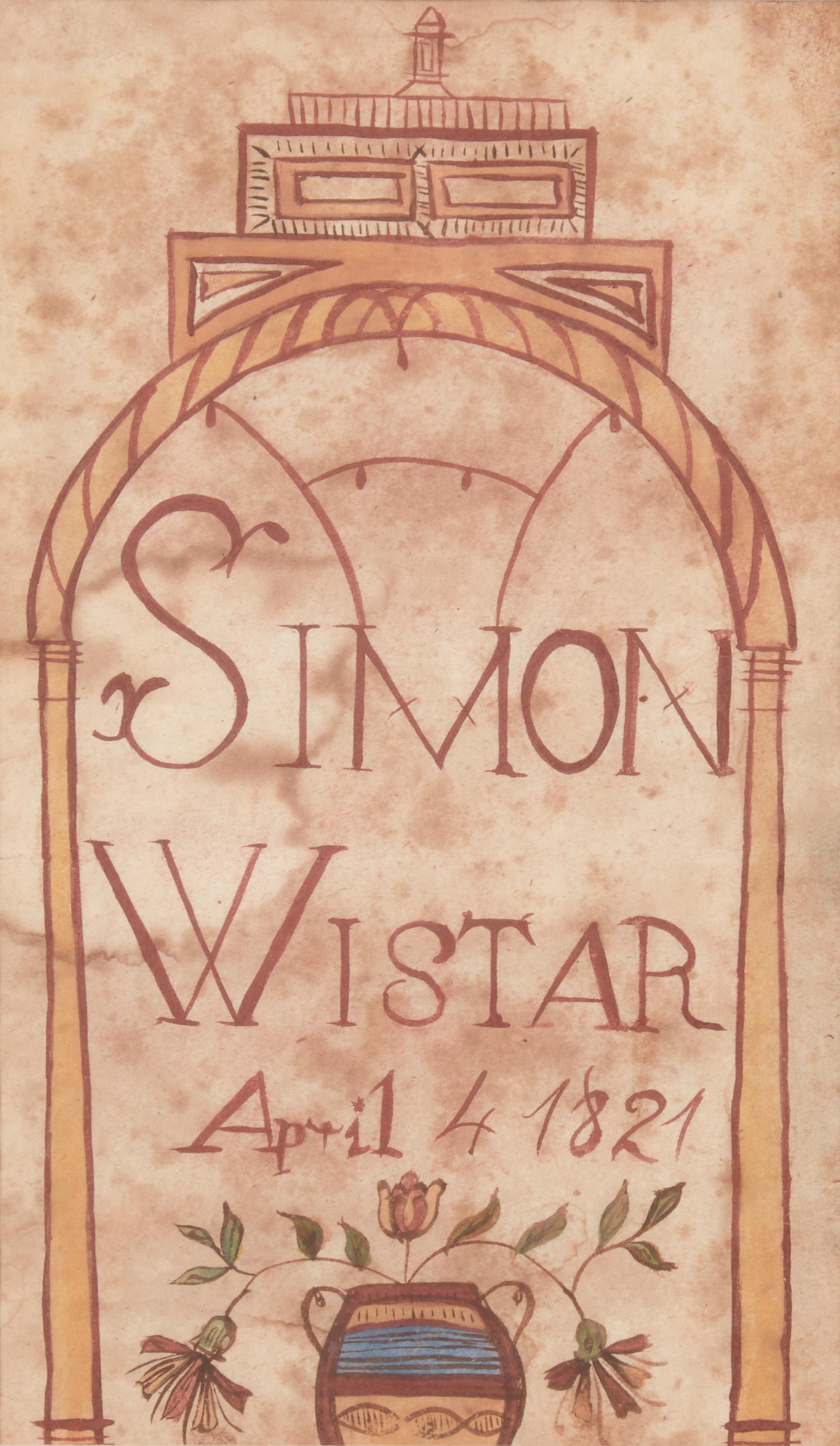A Fraktur Bookplate Drawing for Simon Wistar, dated "April 4, 1821"