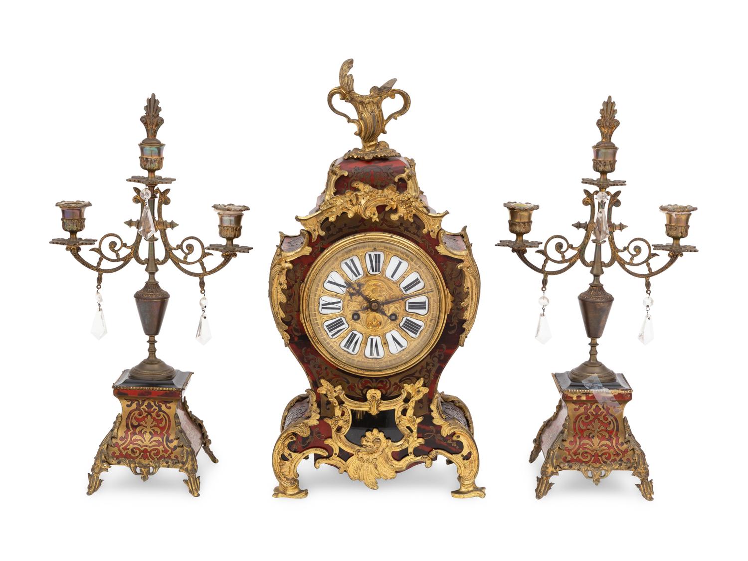 An Assembled Napoleon III Style Gilt Bronze Mounted Boulle Marquetry Clock Garniture