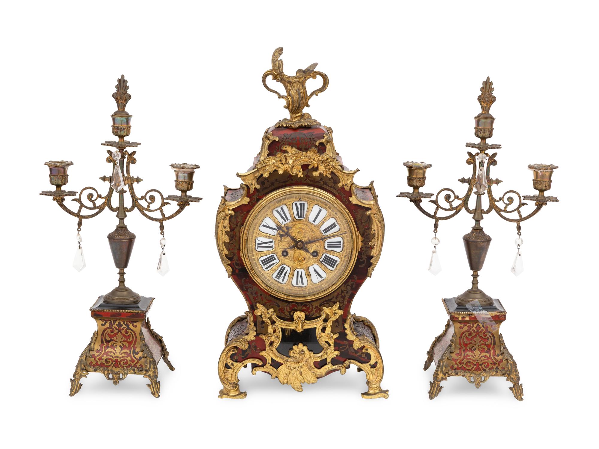 An Assembled Napoleon III Style Gilt Bronze Mounted Boulle Marquetry Clock Garniture