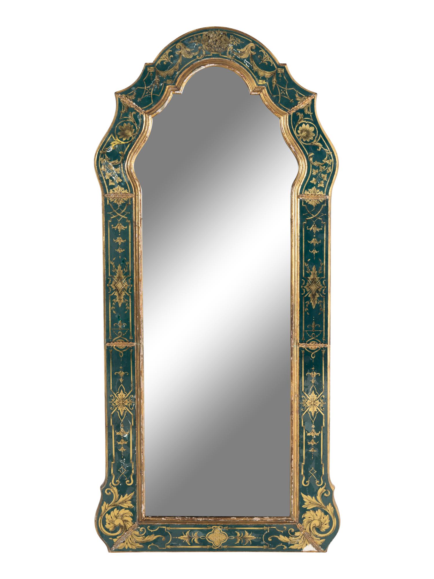 A Baroque Style Reverse Painted Glass and Giltwood Mirror