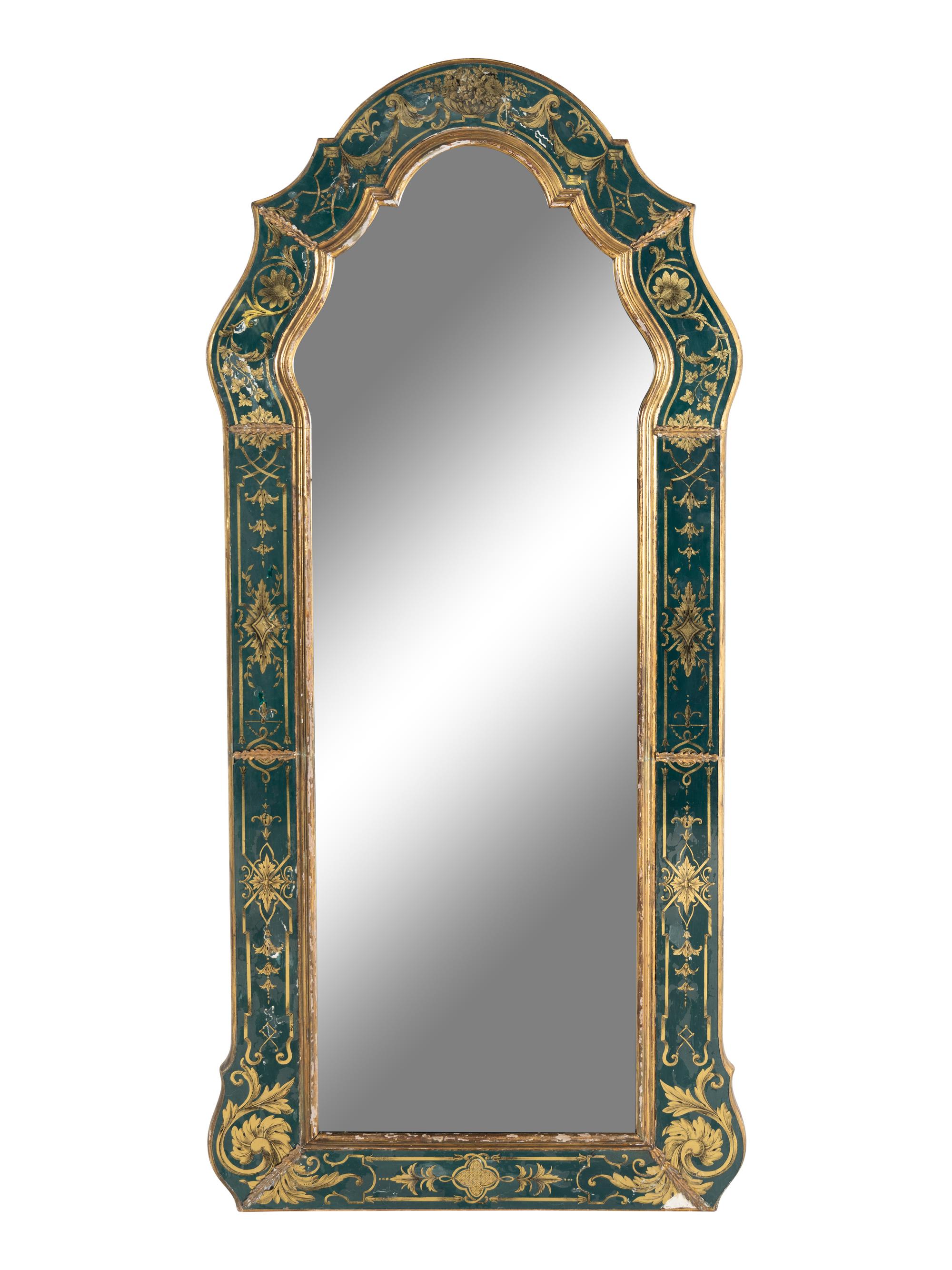A Baroque Style Reverse Painted Glass and Giltwood Mirror
