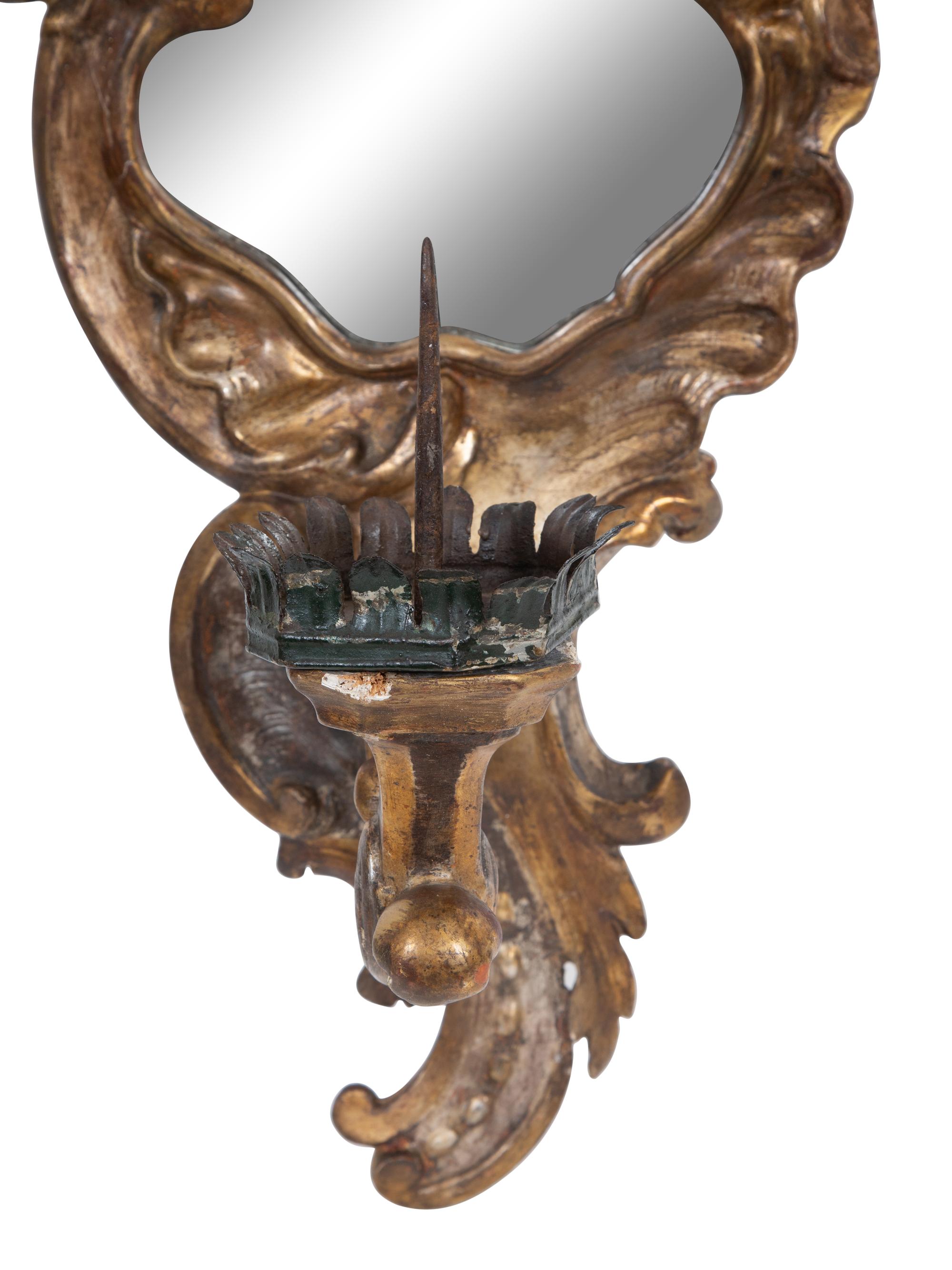 A Pair of Italian Giltwood Mirrored Single-Light Sconces